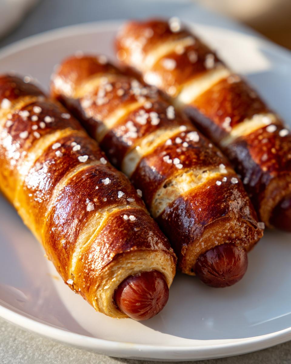 Three freshly baked pretzel dogs wrapped in shiny, dark brown dough and topped with coarse salt, resting on a white plate.