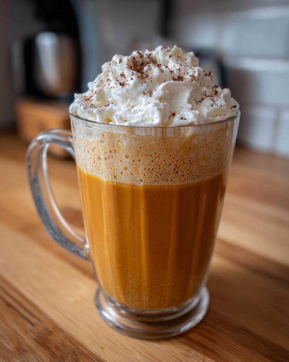 A tall glass mug filled with a rich orange pumpkin spice latte, topped high with whipped cream and a dusting of cinnamon.