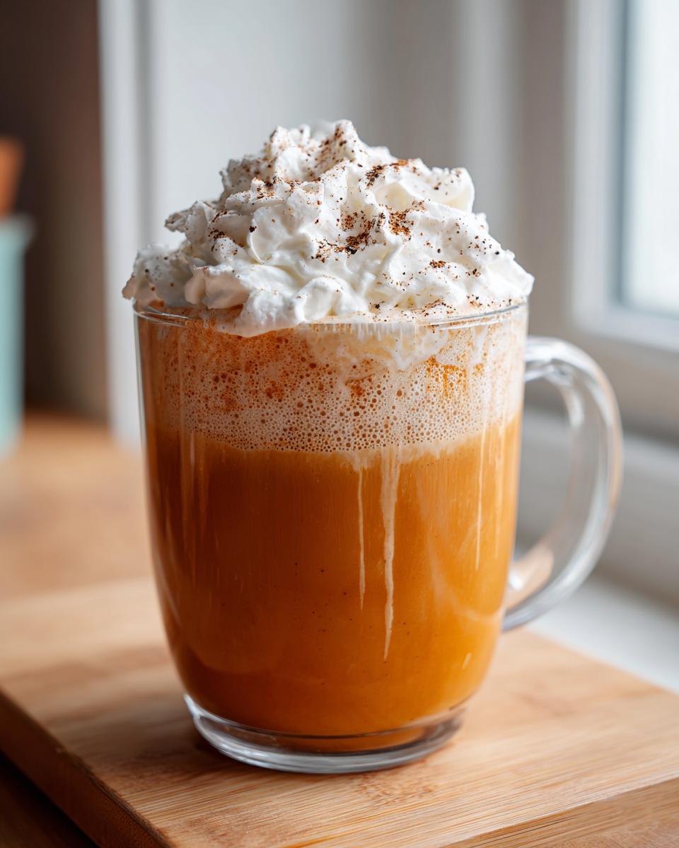 A tall glass mug filled with a vibrant orange pumpkin spice latte, topped generously with whipped cream and spice dusting.