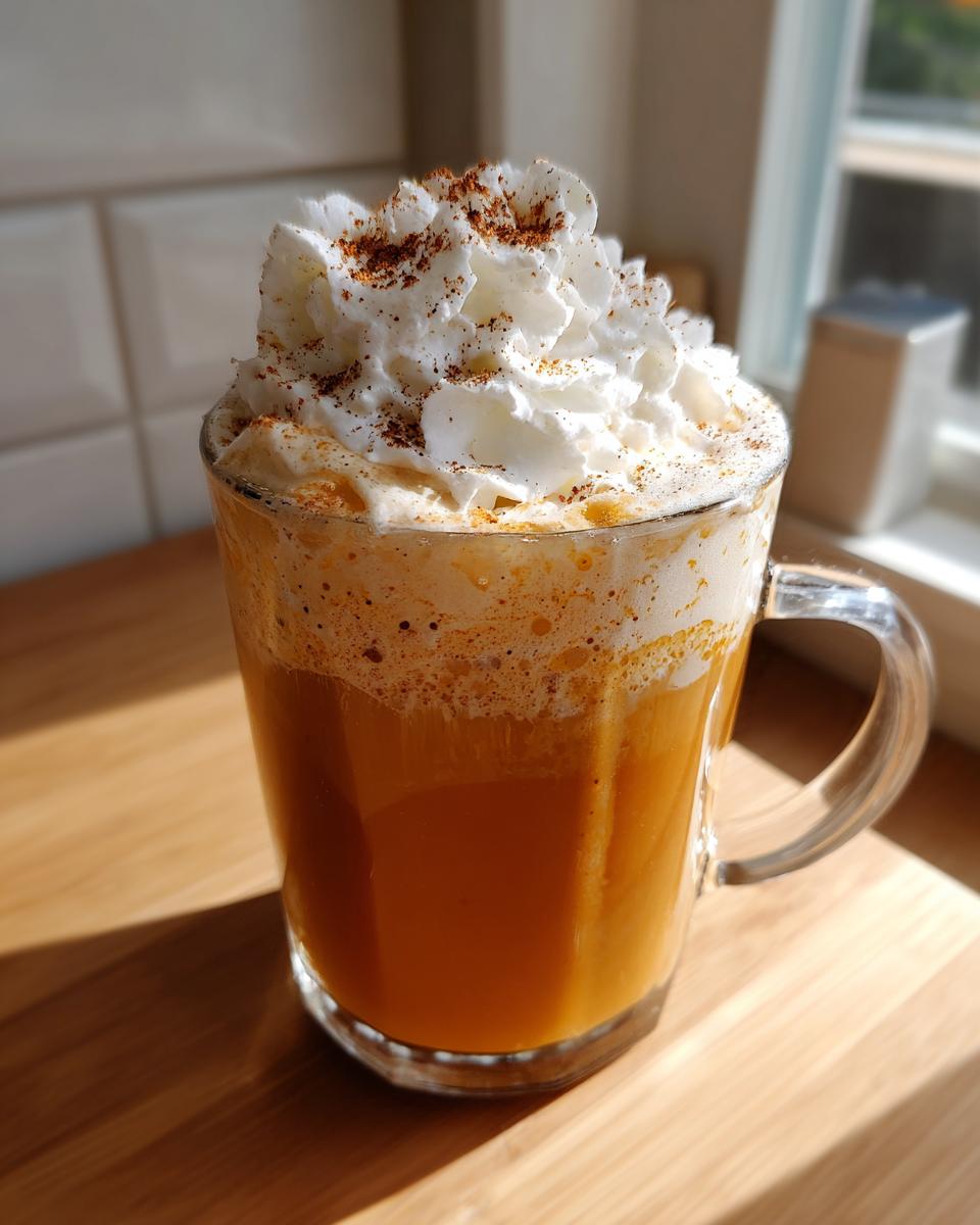 A clear glass mug filled with a vibrant orange pumpkin spice latte, topped high with whipped cream and sprinkled with cinnamon.
