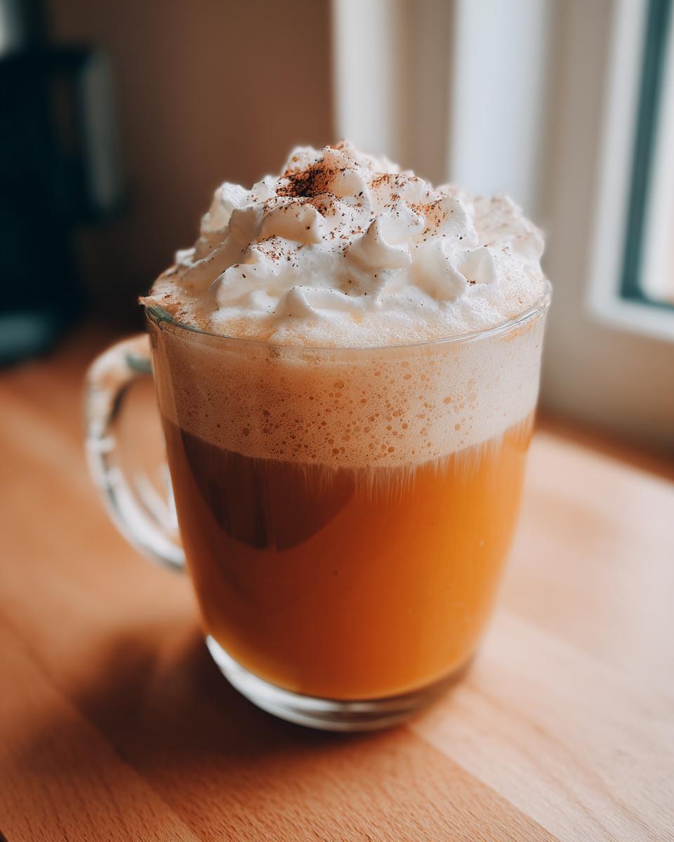 Close-up of a rich, orange pumpkin spice latte topped high with whipped cream and sprinkled cinnamon.