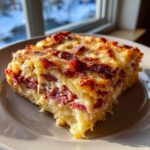 Close-up of a square slice of homemade reuben bake, showing layers of corned beef and melted cheese topping.