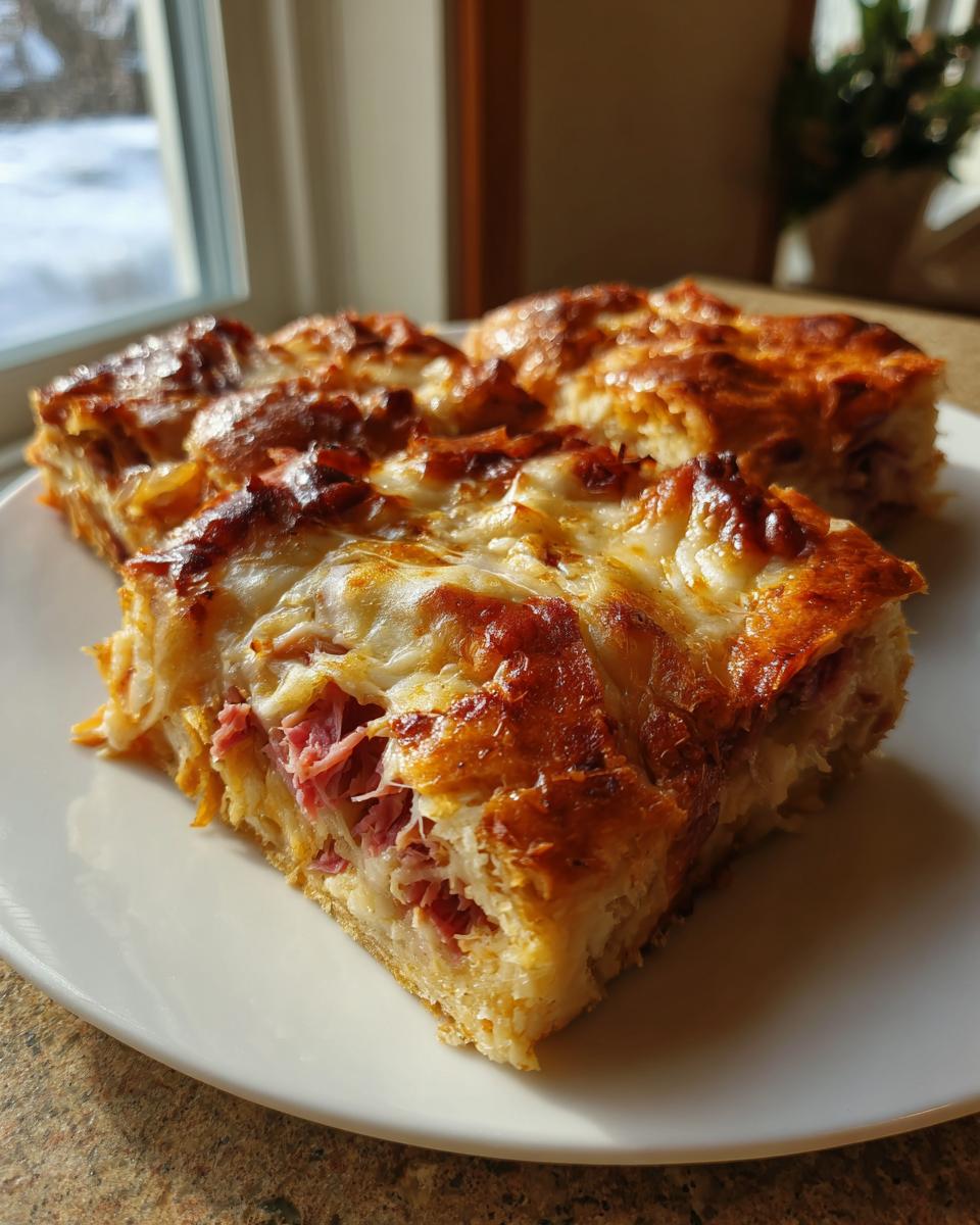 Close-up of cheesy, golden slices of homemade Reuben bake served on a white plate near a window.