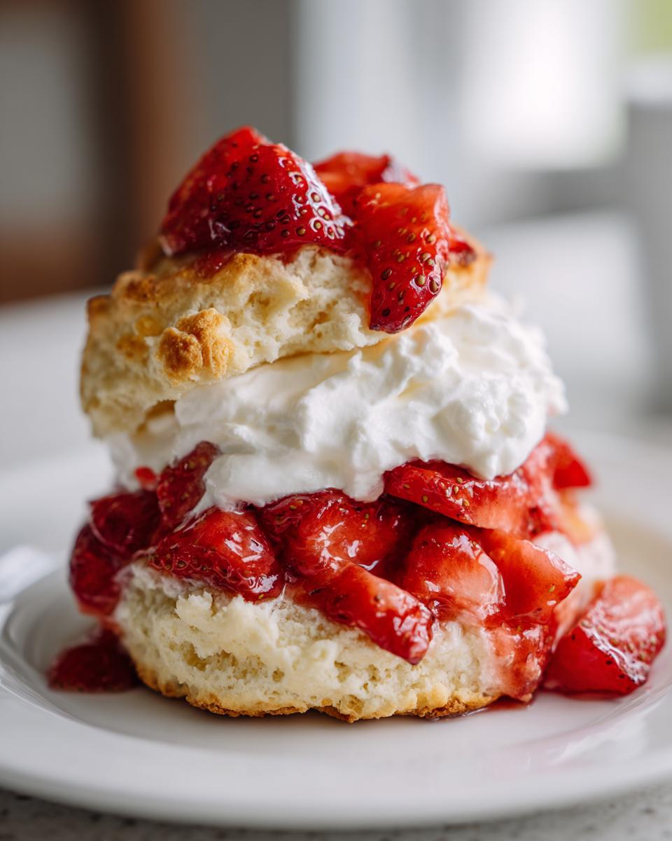 Close-up of a delicious homemade shortcake layered with macerated strawberries and whipped cream.