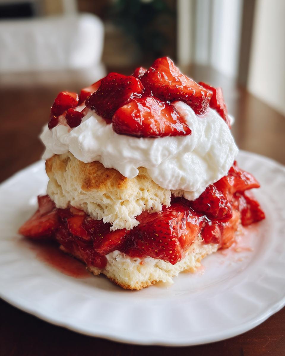 A delicious square of homemade shortcake layered with macerated strawberries and topped with whipped cream.