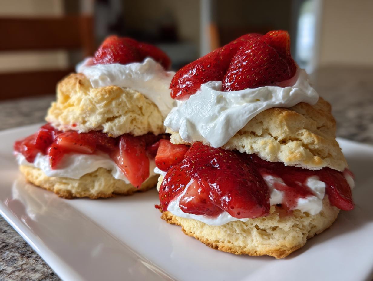 Two delicious portions of homemade shortcake layered with macerated strawberries and whipped cream.