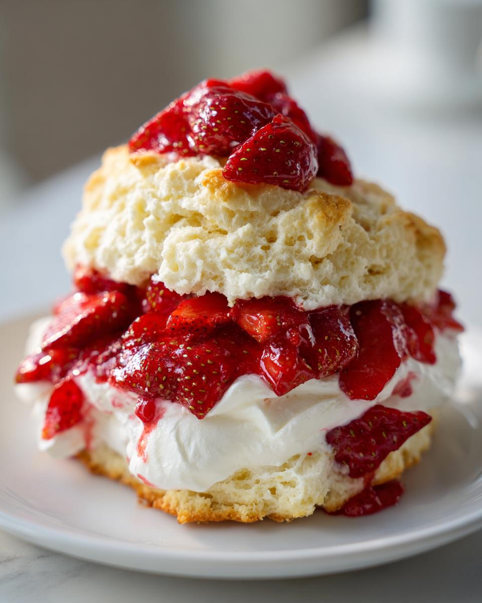 A close-up of a delicious homemade shortcake layered with whipped cream and macerated strawberries.