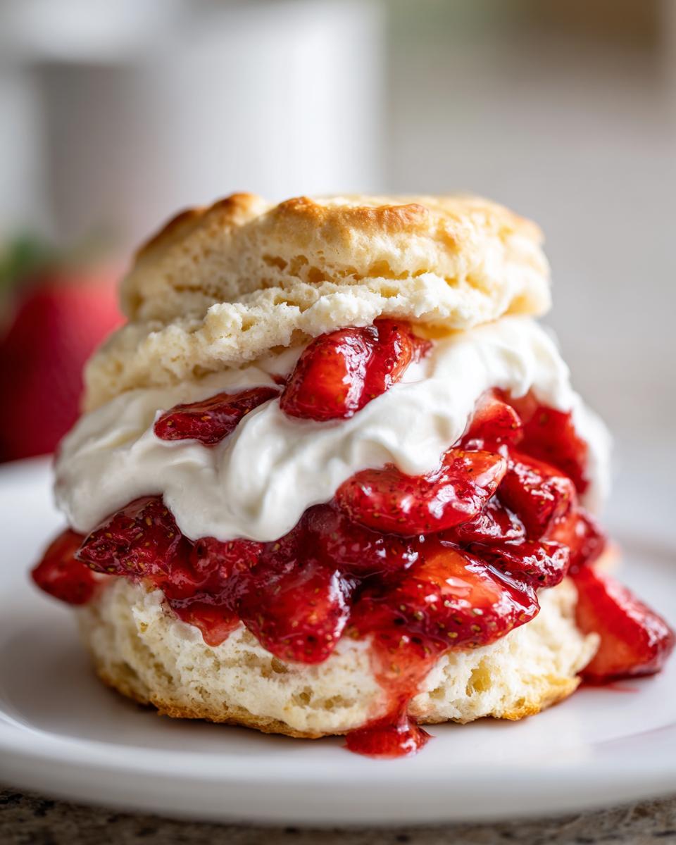 Close-up of a homemade strawberry shortcake featuring a biscuit split and filled with macerated strawberries and whipped cream.