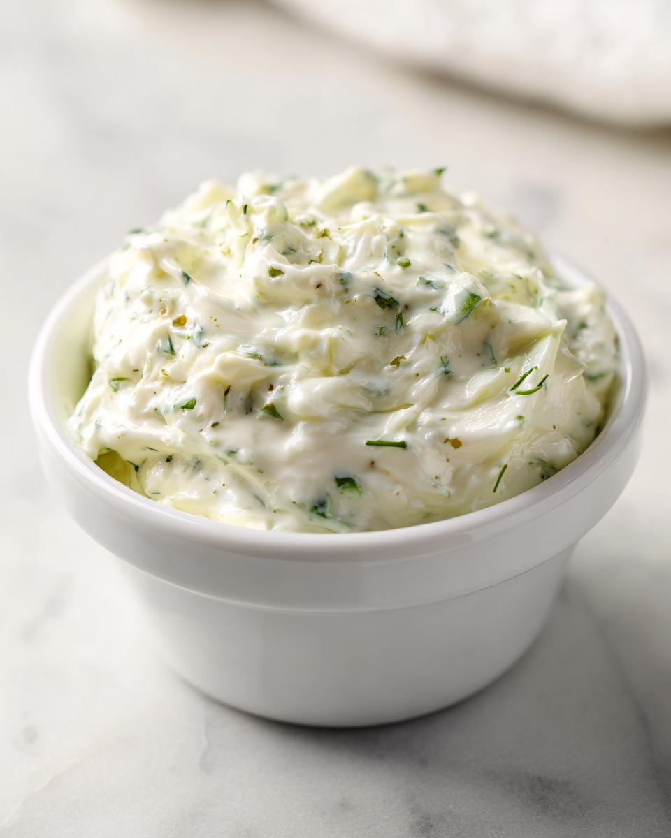 Close-up of creamy homemade tartar sauce with visible green herbs in a small white bowl.