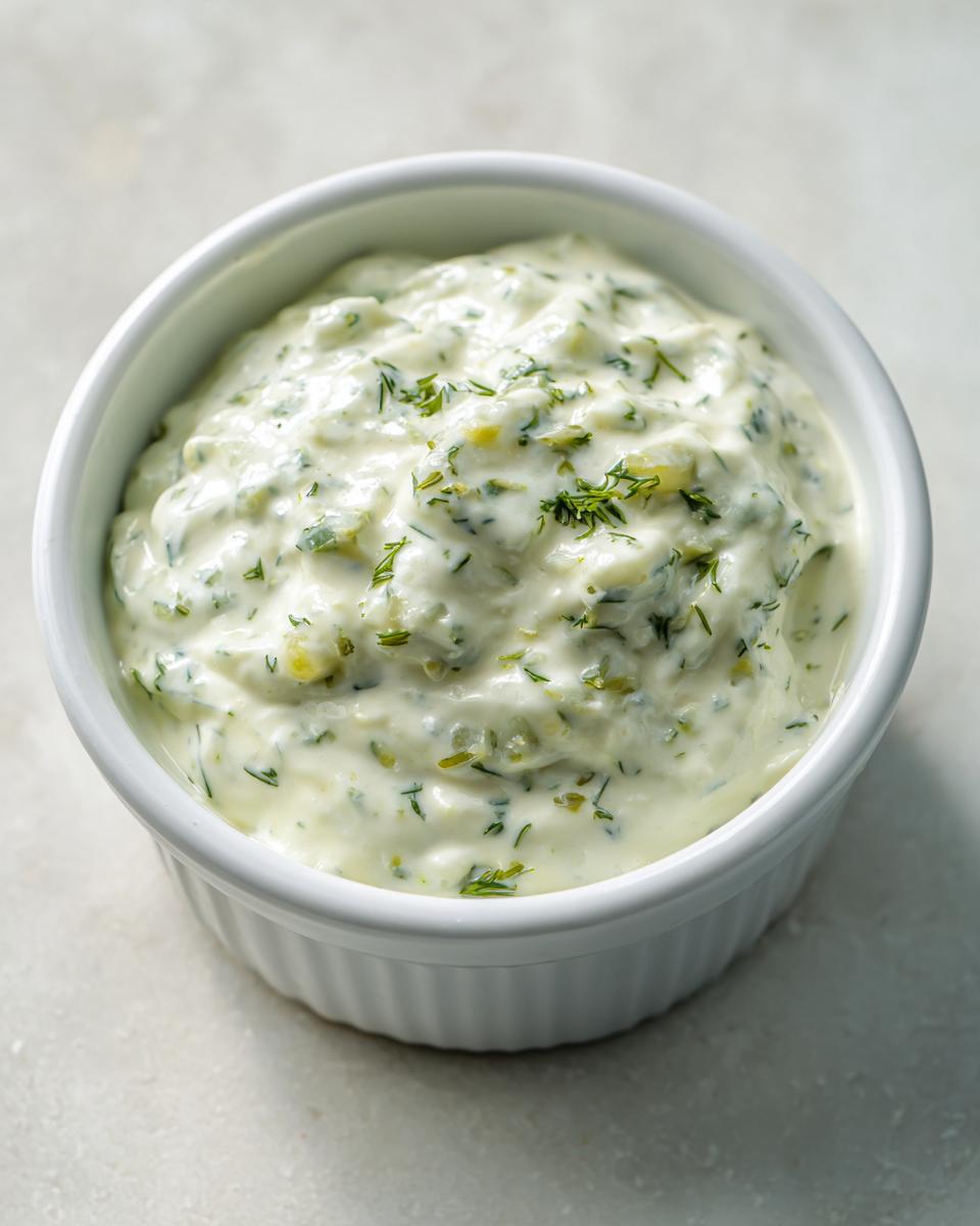 Close-up of creamy, chunky tartar sauce garnished with fresh dill in a small white bowl.
