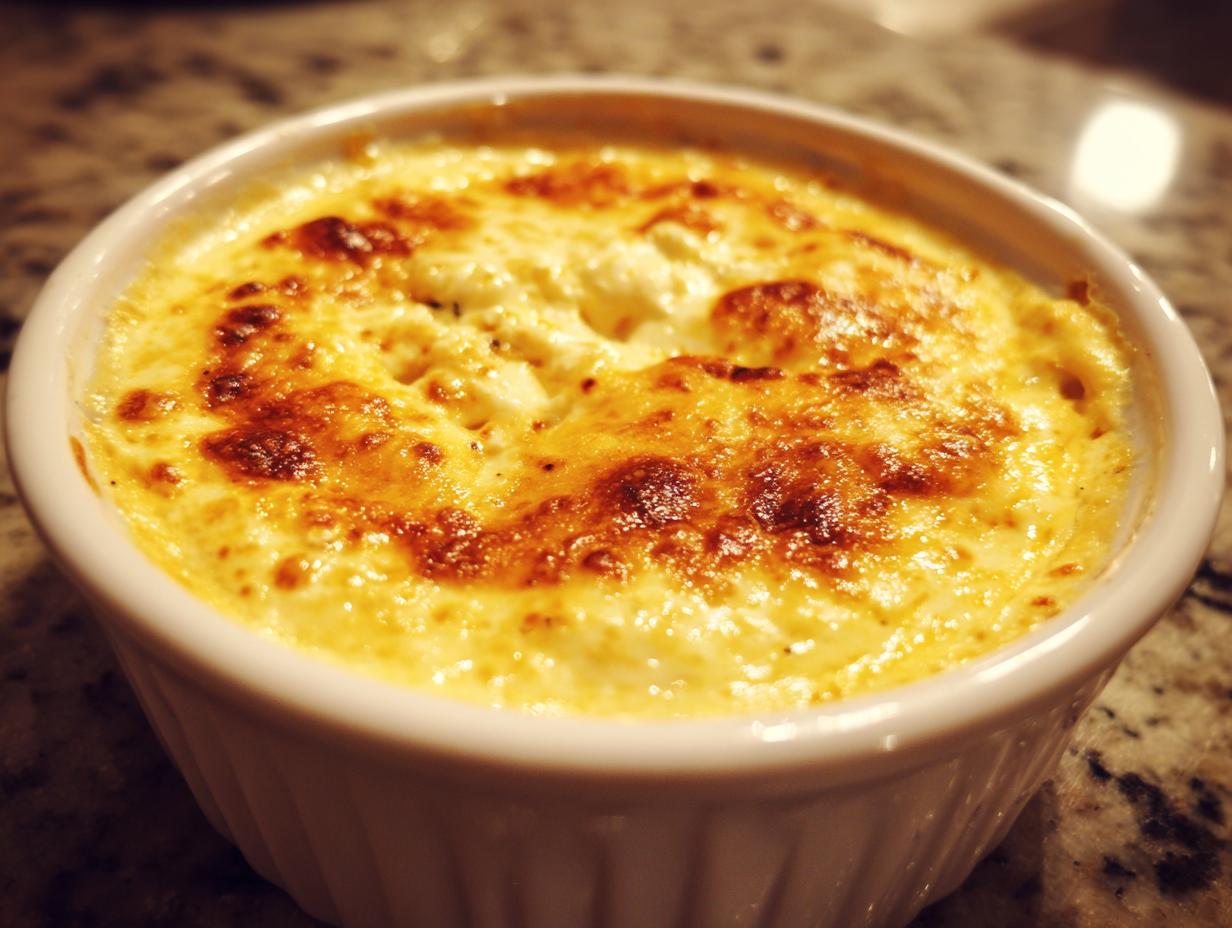 Close-up of a bubbling, golden-brown baked beer cheese dip served in a white ramekin.