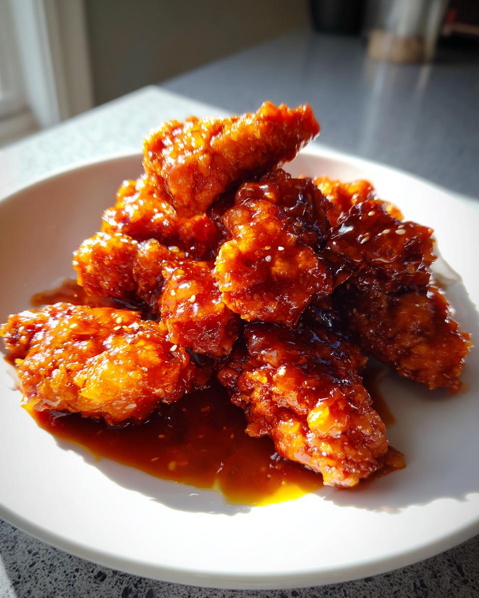 A pile of crispy hot honey chicken tenders coated in a thick, shiny, dark orange glaze and sprinkled with sesame seeds.