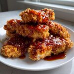 A stack of crispy, golden hot honey chicken tenders generously drizzled with a thick, shiny, reddish-brown glaze.