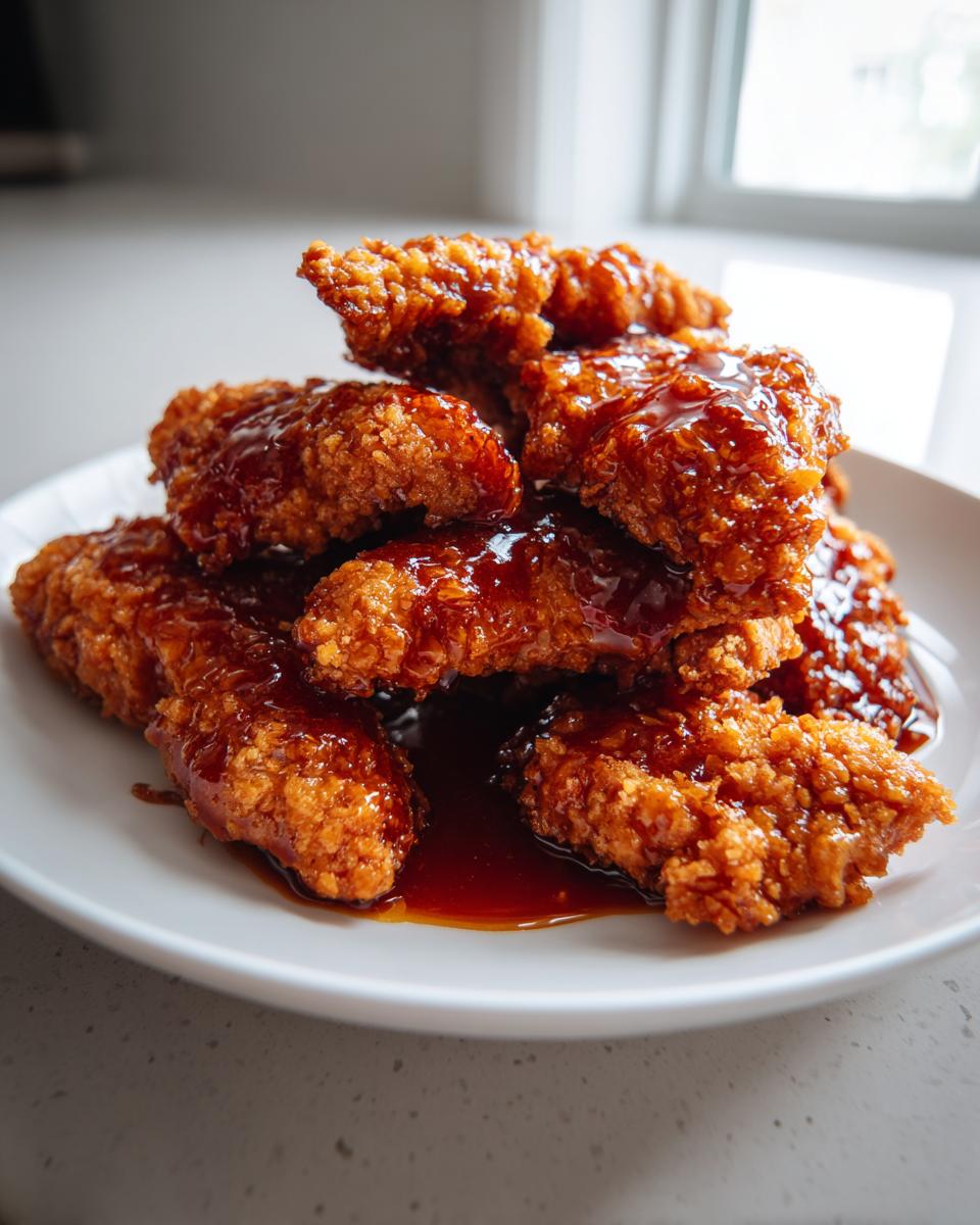 A stack of crispy, golden-brown hot honey chicken tenders generously coated in a shiny, dark glaze.