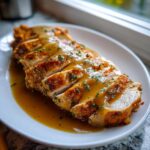 Slices of juicy instant pot turkey breast covered in brown gravy and sprinkled with parsley on a white platter.