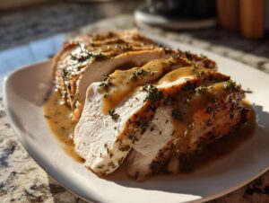 Close-up of sliced, juicy Instant Pot turkey breast covered in savory brown gravy and fresh thyme.