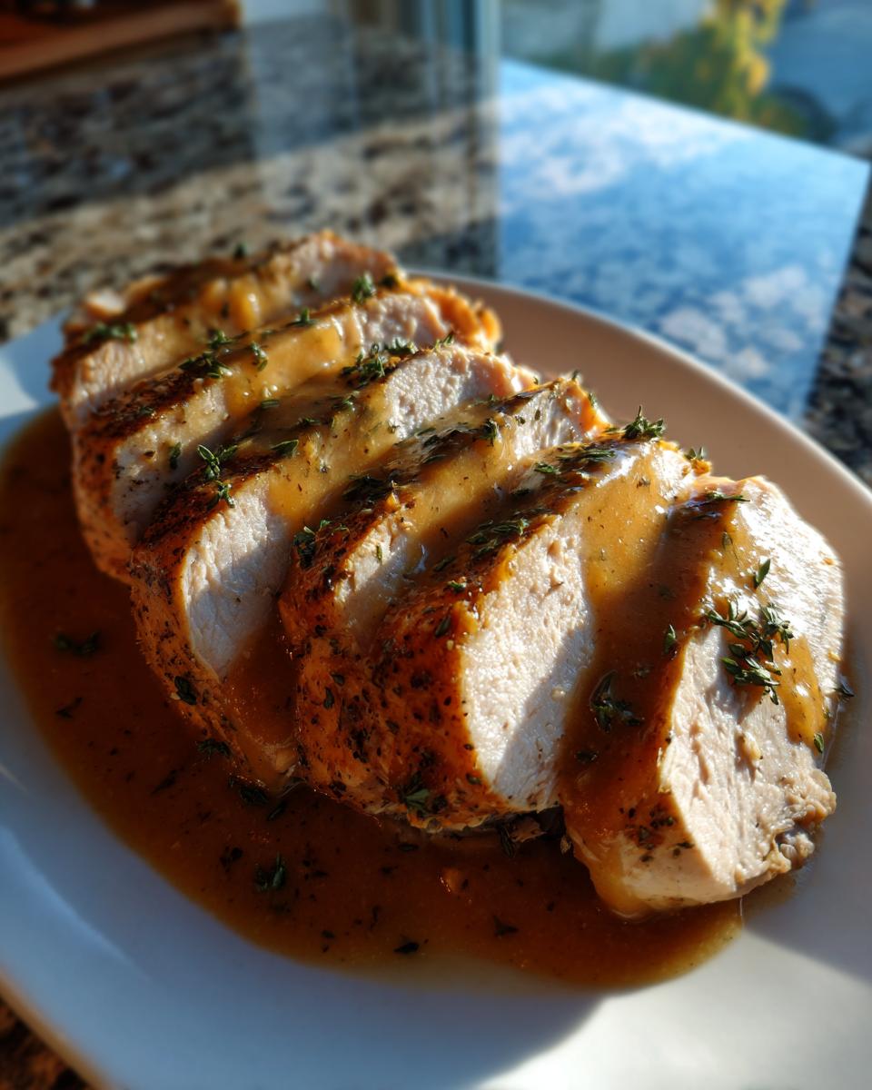 Close-up of sliced, juicy Instant Pot turkey breast drizzled with brown gravy and garnished with fresh thyme.