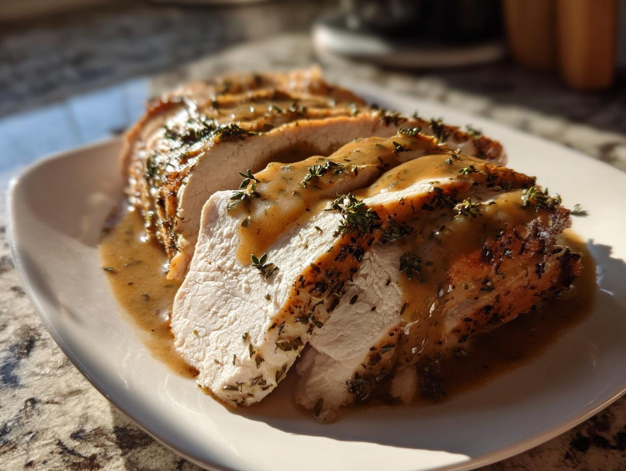 Close-up of sliced, juicy Instant Pot turkey breast covered in savory brown gravy and fresh thyme.