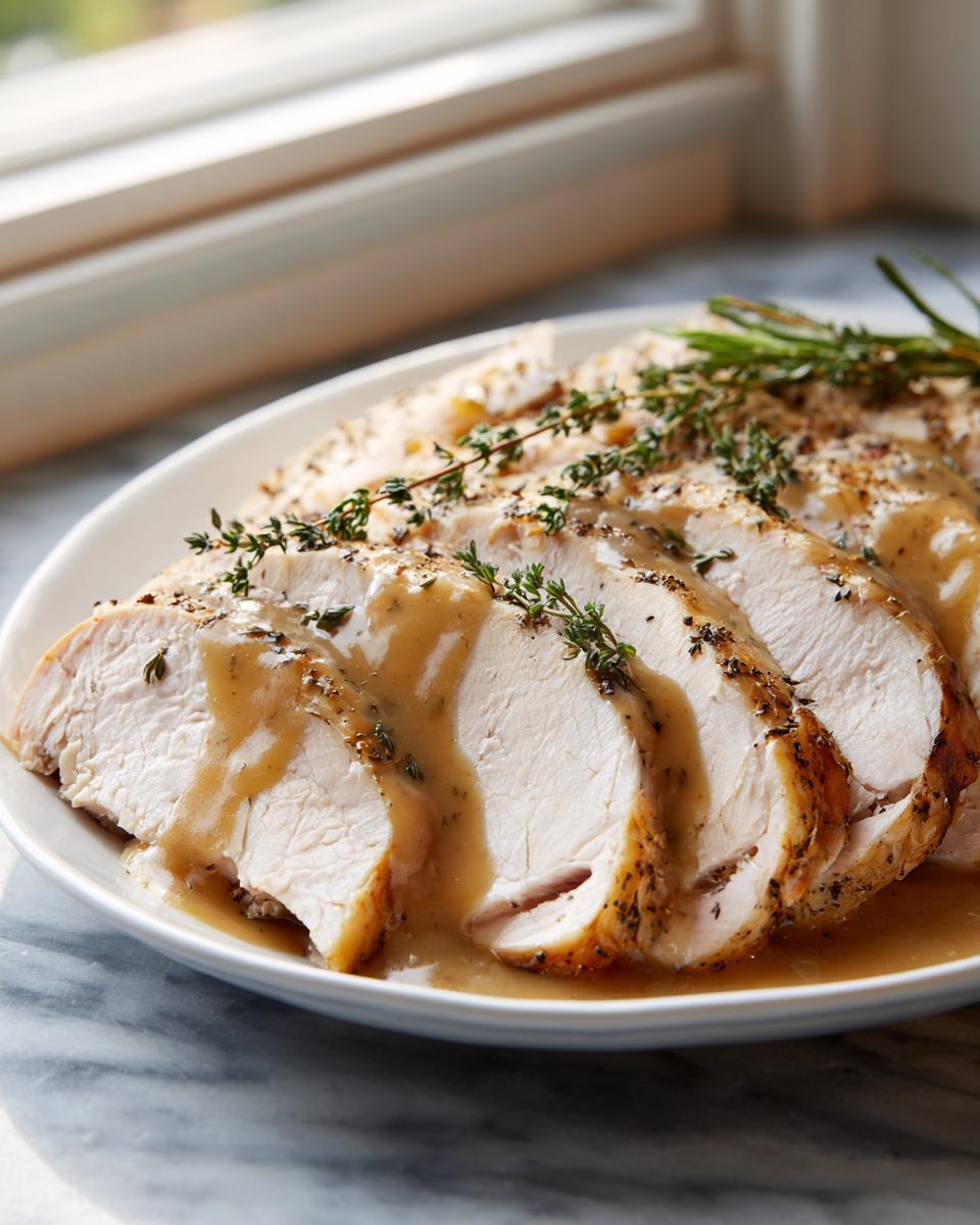 Slices of juicy instant pot turkey breast covered in savory gravy and garnished with fresh thyme.
