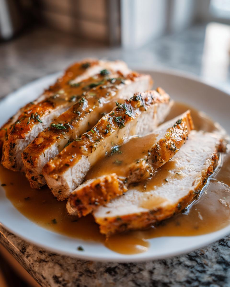 Close-up of juicy, sliced instant pot turkey breast covered in savory brown gravy and herbs.