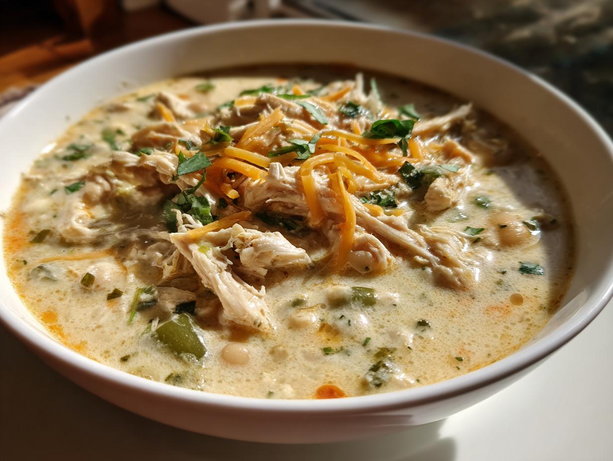 Close-up of a creamy bowl of instant pot white chicken chili, topped with shredded chicken, cheddar cheese, and fresh cilantro.