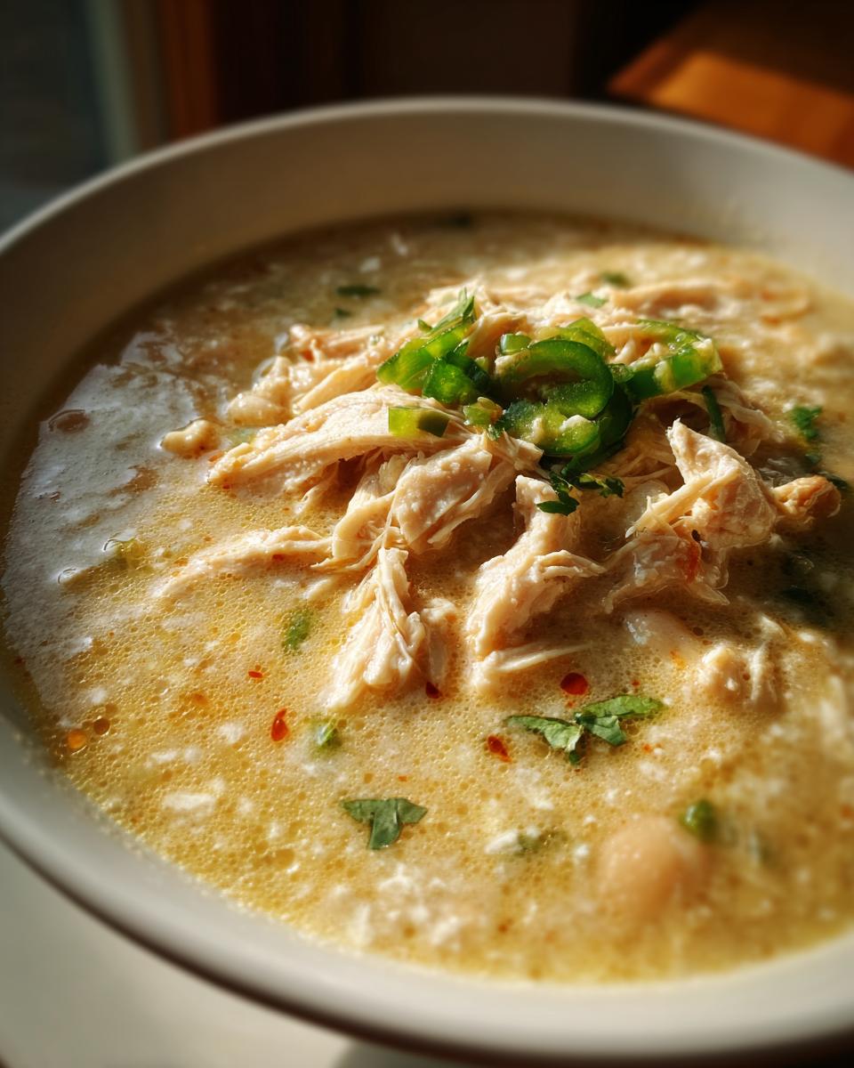 Close-up of creamy instant pot white chicken chili topped with shredded chicken and sliced jalapeños.