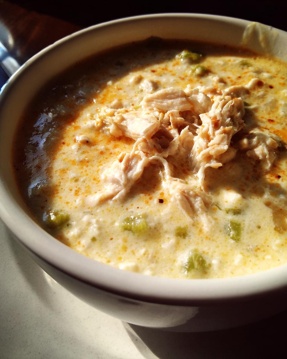 Close-up of creamy Instant Pot White Chicken Chili topped with shredded chicken and green chiles.