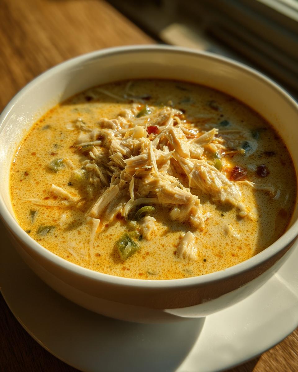 A close-up of a creamy bowl of instant pot white chicken chili topped with shredded chicken.