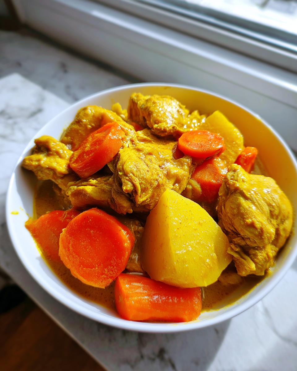 Close-up of a white bowl filled with rich, yellow Jamaican curry chicken pieces, bright orange carrots, and potato chunks.