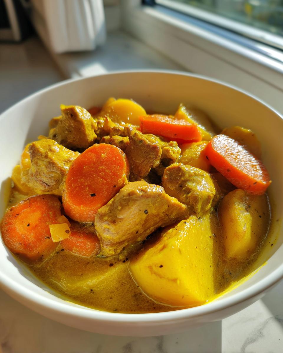 Close-up of a white bowl filled with rich, yellow Jamaican curry chicken chunks, potatoes, and bright orange carrots.