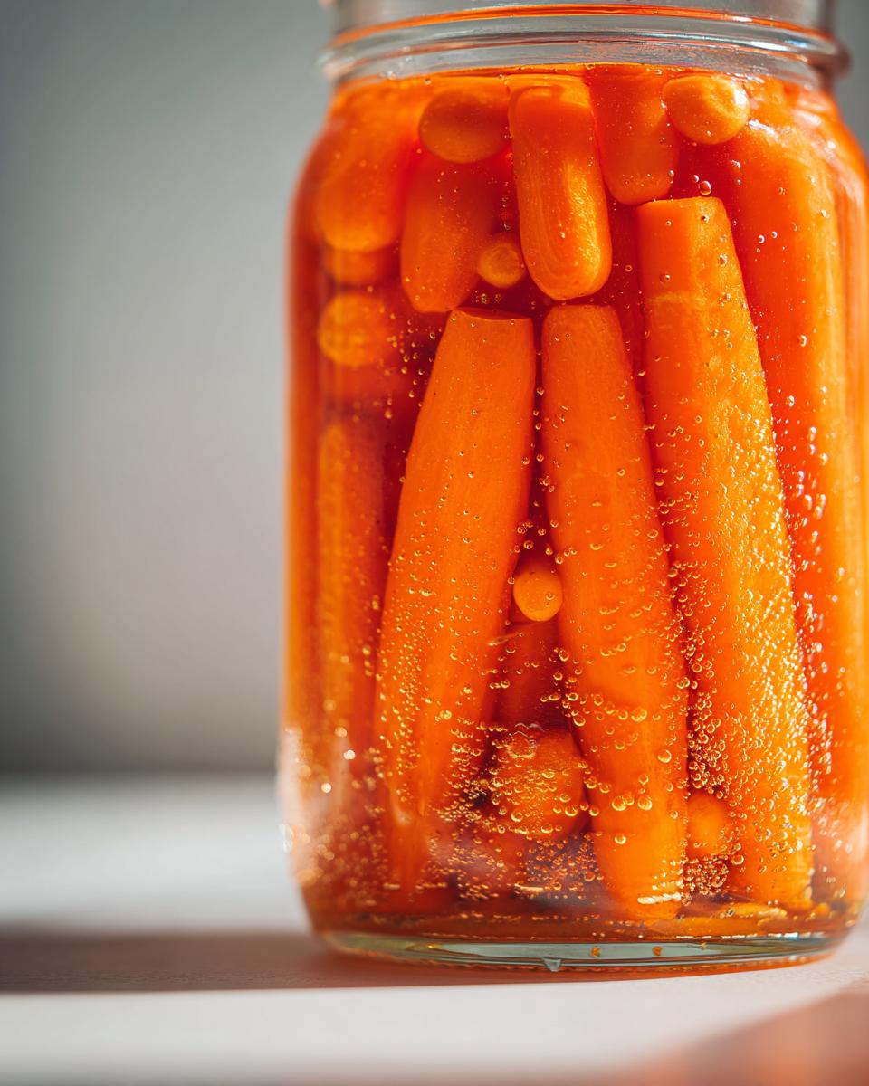 Close-up of baby carrots submerged in liquid inside a glass jar, showing active bubbling from the pickling process for pickled carrots.