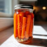 Whole, bright orange pickled carrots standing upright in a Ball mason jar filled with pickling liquid, with coins at the bottom.