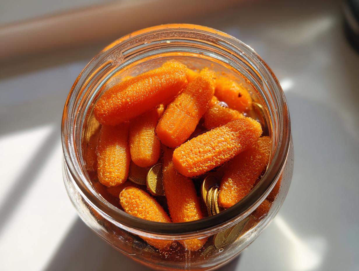 Overhead close-up of bright orange pickled carrots stored in a glass jar, some coins are visible at the bottom.