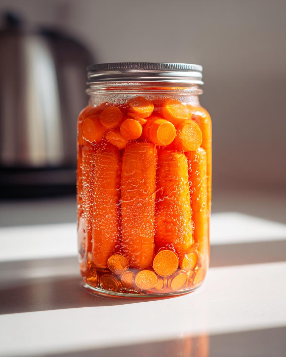 A glass jar filled with bright orange, whole and sliced pickled carrots submerged in brine, showing condensation on the glass.