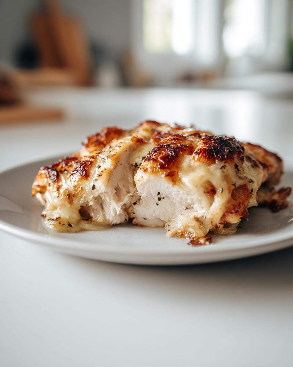 Close-up of juicy french onion chicken breast cut open, showing melted, browned cheese topping.