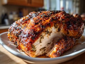 Close-up of a perfectly roasted turkey with crispy, herb-rubbed skin, showing a slice cut away to reveal moist white meat.