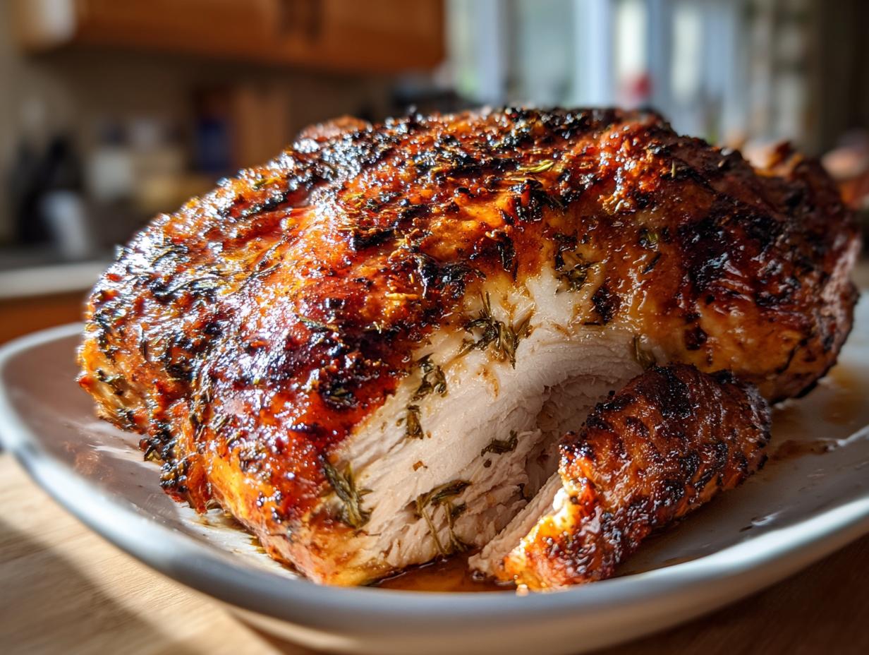 Close-up of a perfectly roasted turkey with crispy, herb-rubbed skin, showing a slice cut away to reveal moist white meat.