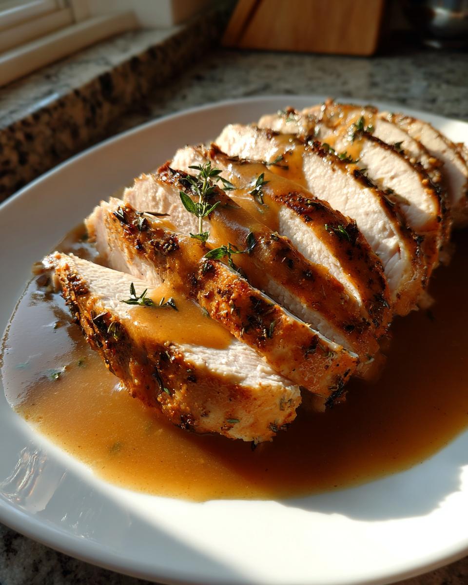 Several thick slices of juicy Instant Pot Turkey Breast drizzled with brown gravy and garnished with fresh thyme.