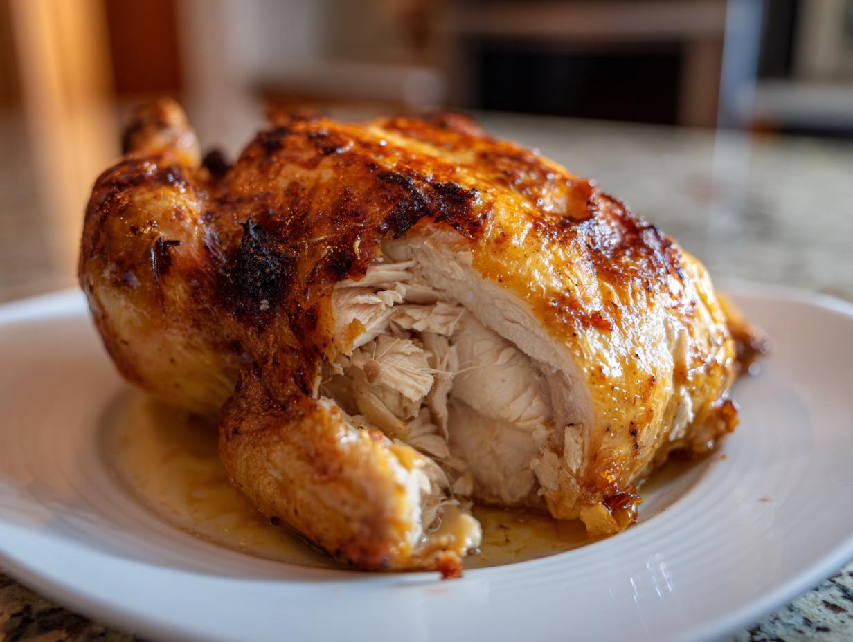 A perfectly roasted whole chicken, sliced open to show juicy white meat and crispy golden-brown skin.