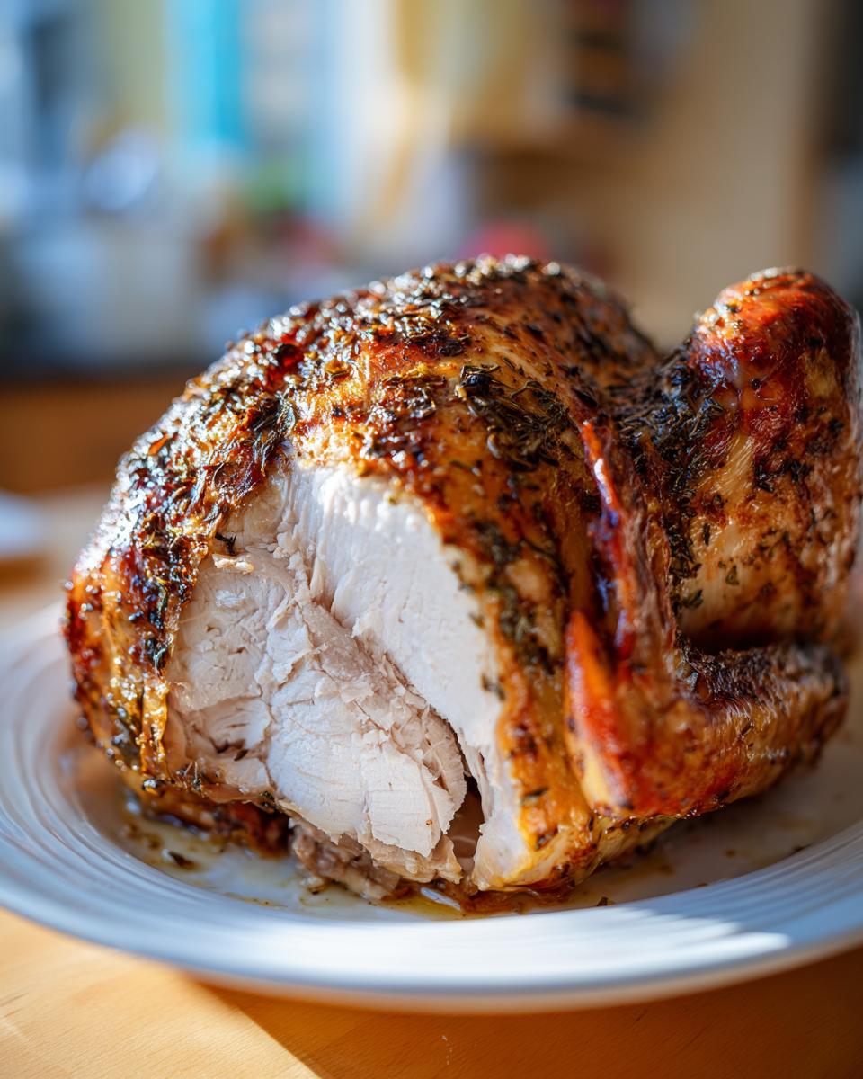 A close-up of a perfectly roasted turkey breast, sliced to show moist white meat and crispy, herb-seasoned skin.