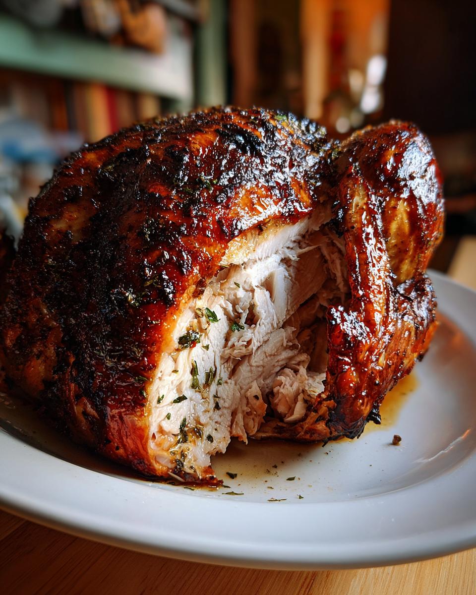 Close-up of a perfectly roasted turkey, showing moist white meat and dark, glazed skin.