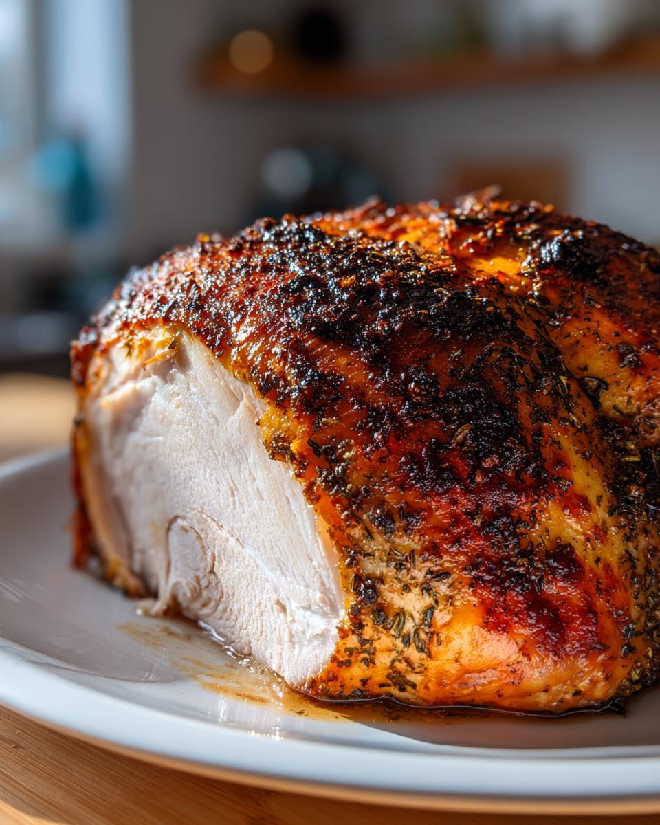 Close-up of a perfectly roasted, juicy turkey breast roast with a dark, seasoned, crispy skin.