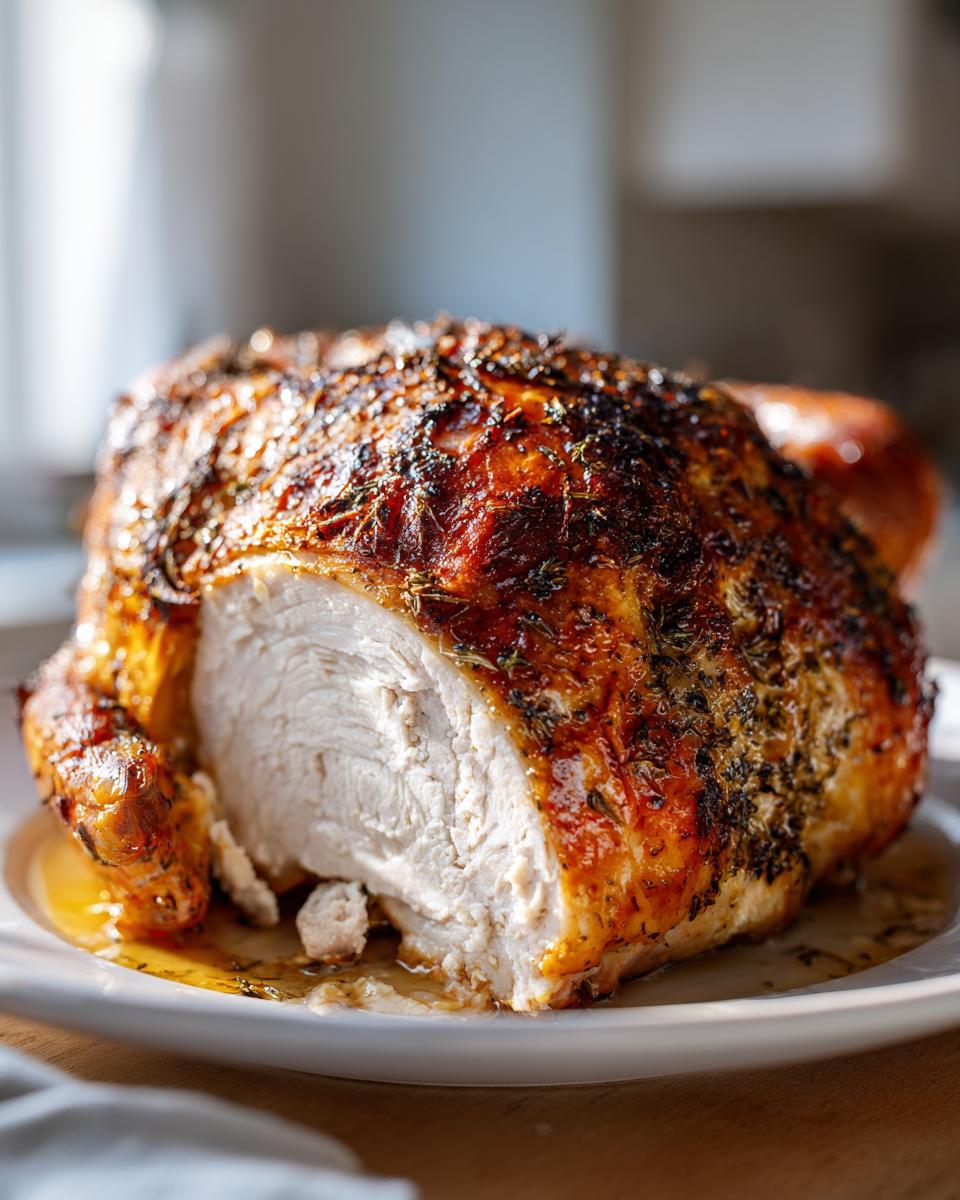 Close-up of a perfectly roasted turkey breast, sliced open to show moist white meat and crispy, herb-rubbed skin.