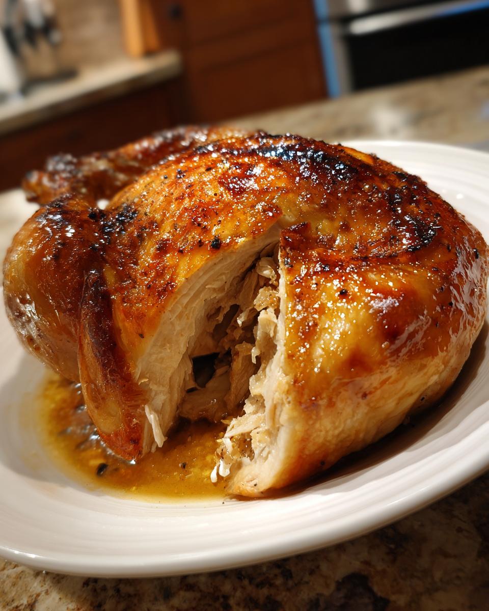 A perfectly roasted whole chicken, sliced open to show moist white meat and stuffing, resting in its juices.