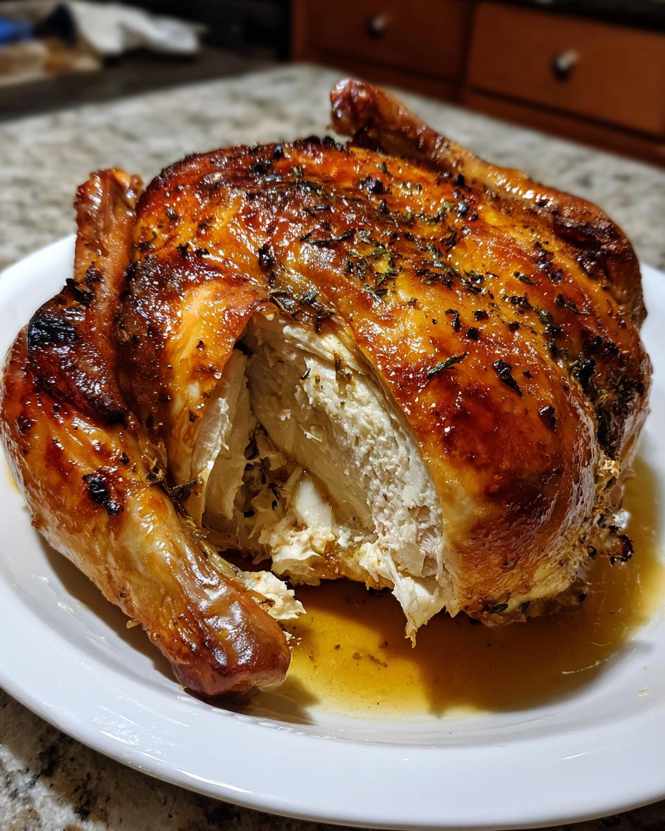 A perfectly roasted whole chicken with golden-brown, seasoned skin, showing the moist white meat inside.