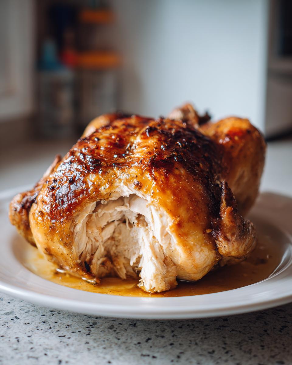 A perfectly roasted whole chicken with golden-brown, crispy skin, showing juicy white meat pulled apart on a white plate.