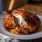 A perfectly roasted whole chicken, sliced open to show juicy white meat, resting on a plate with pan juices.