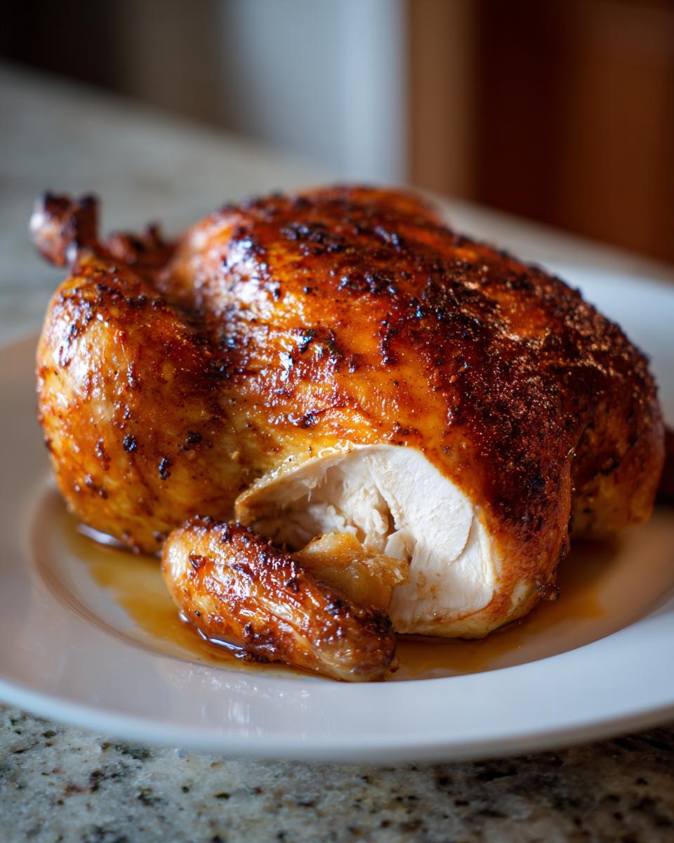 A perfectly roasted whole chicken with deep brown, crispy skin, showing juicy white meat where a piece has been removed.