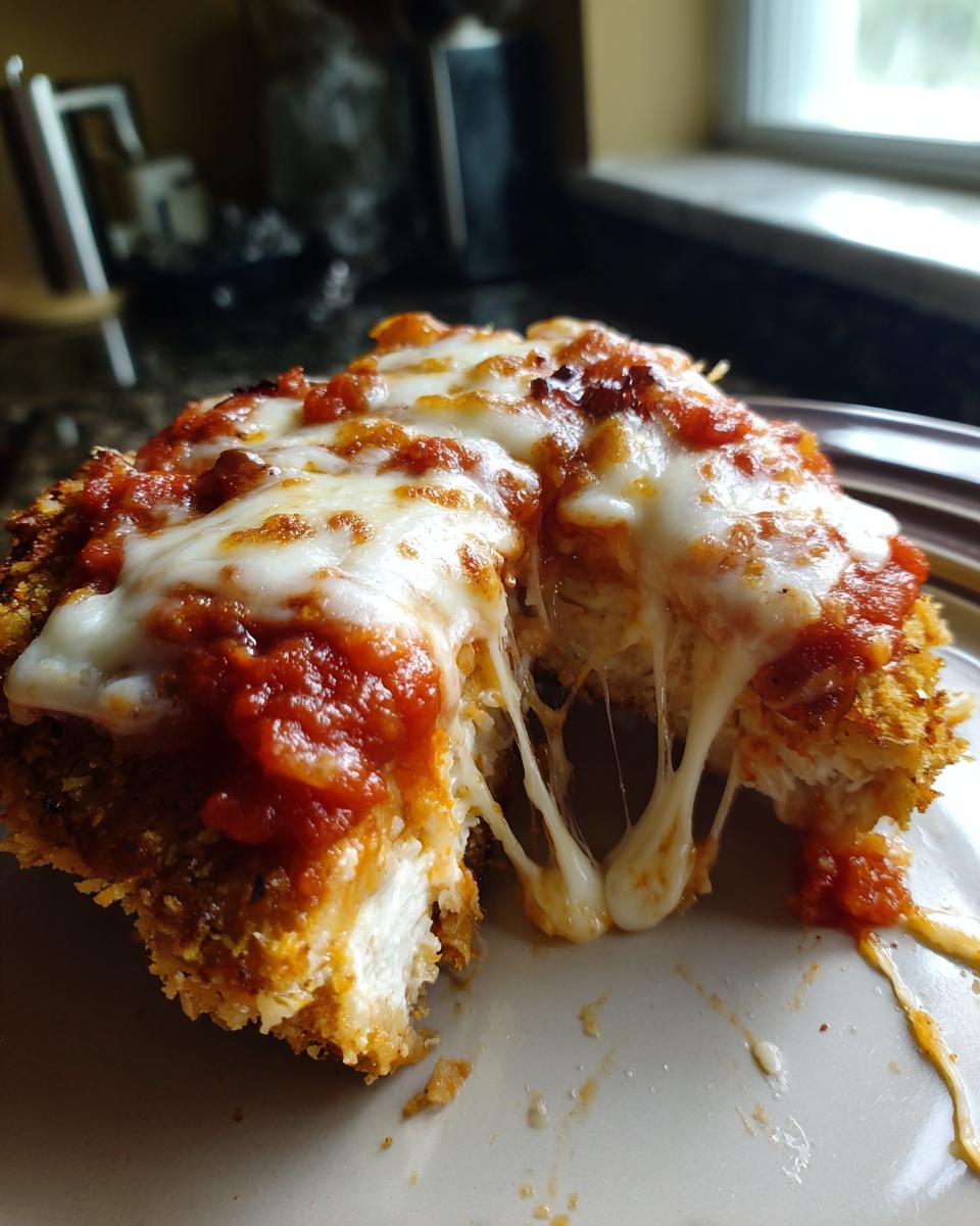 Close-up of keto chicken parmesan cut open, showing crispy coating, white chicken breast, and melted mozzarella cheese stretching.
