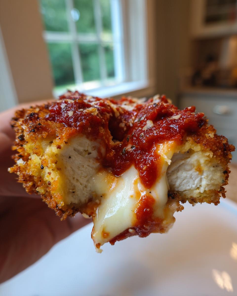 Close-up of a piece of keto chicken parmesan being pulled apart, showing melted mozzarella cheese stretching between the crispy coating and chicken.